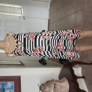 A•gain 1x strappy caged keyhole trapeze dress black stripes floral